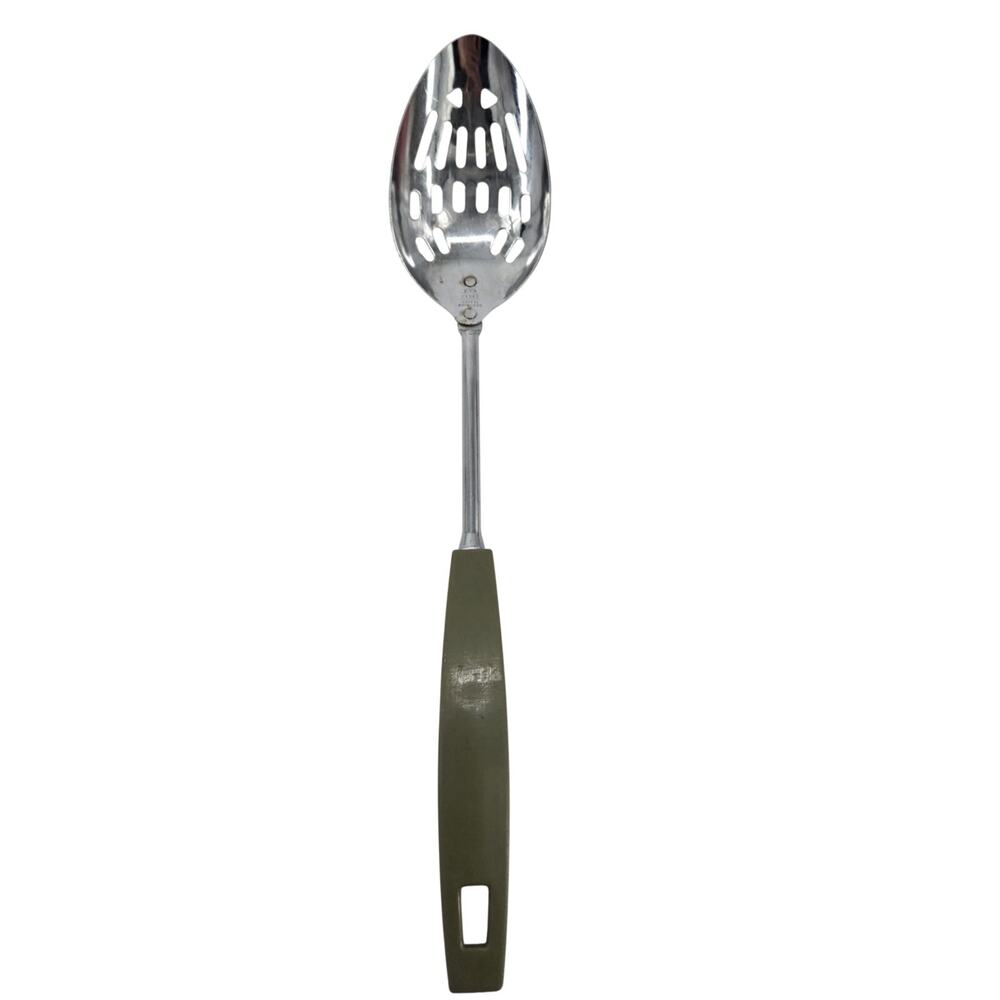Vintage Ekco Slotted Serving Spoon Avocado Green Plastic Handle Kitchen Utensil
